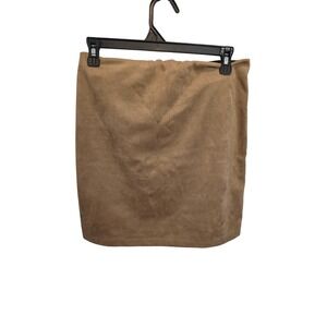 Danbee Tan Faux Suede Mini Skirt Elastic Waist Front Button Camel Brown Womens